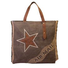 Load image into Gallery viewer, Air Mail Star Grey Fringed Upcycled Canvas Shopper