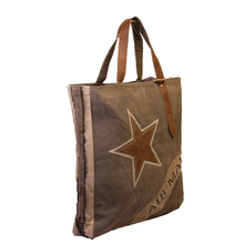 Load image into Gallery viewer, Air Mail Star Grey Fringed Upcycled Canvas Shopper