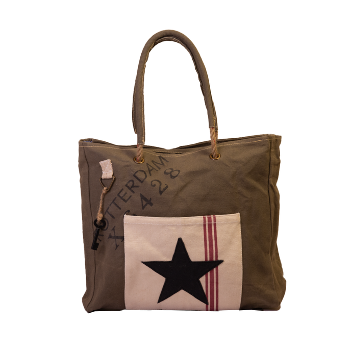 Khaki with Black Star/Amsterdam Print Upcycled Canvas Tote