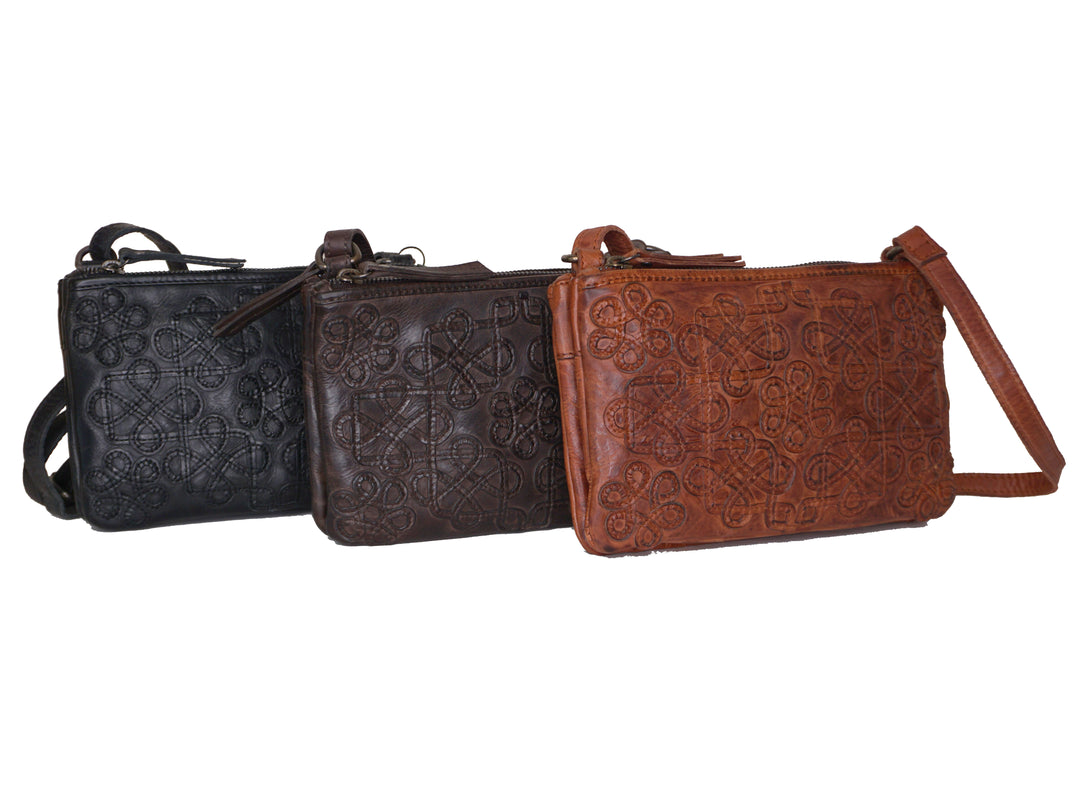 Lather applique compact handmade shoulder/cross body bags in Tan, brown and black