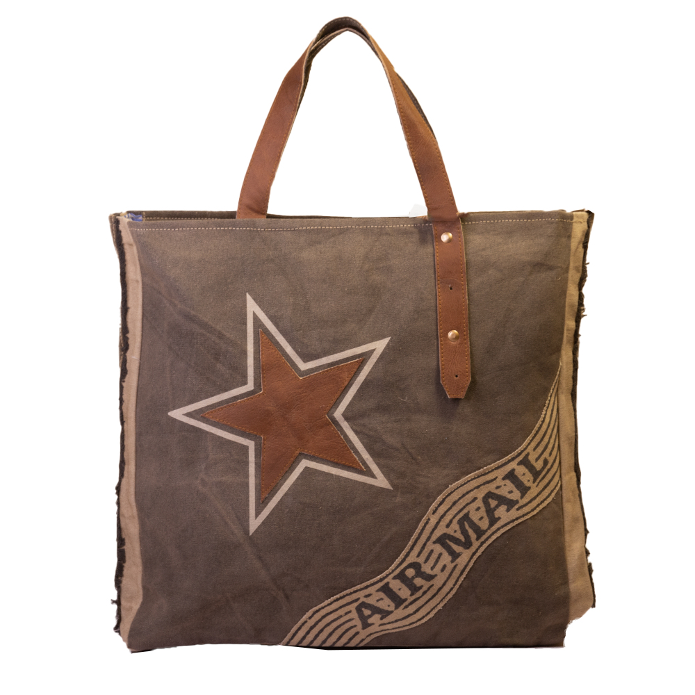 Air Mail Star Grey Fringed Upcycled Canvas Shopper