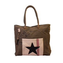 Load image into Gallery viewer, Khaki with Black Star/Amsterdam Print Upcycled Canvas Tote/Shopper (590)