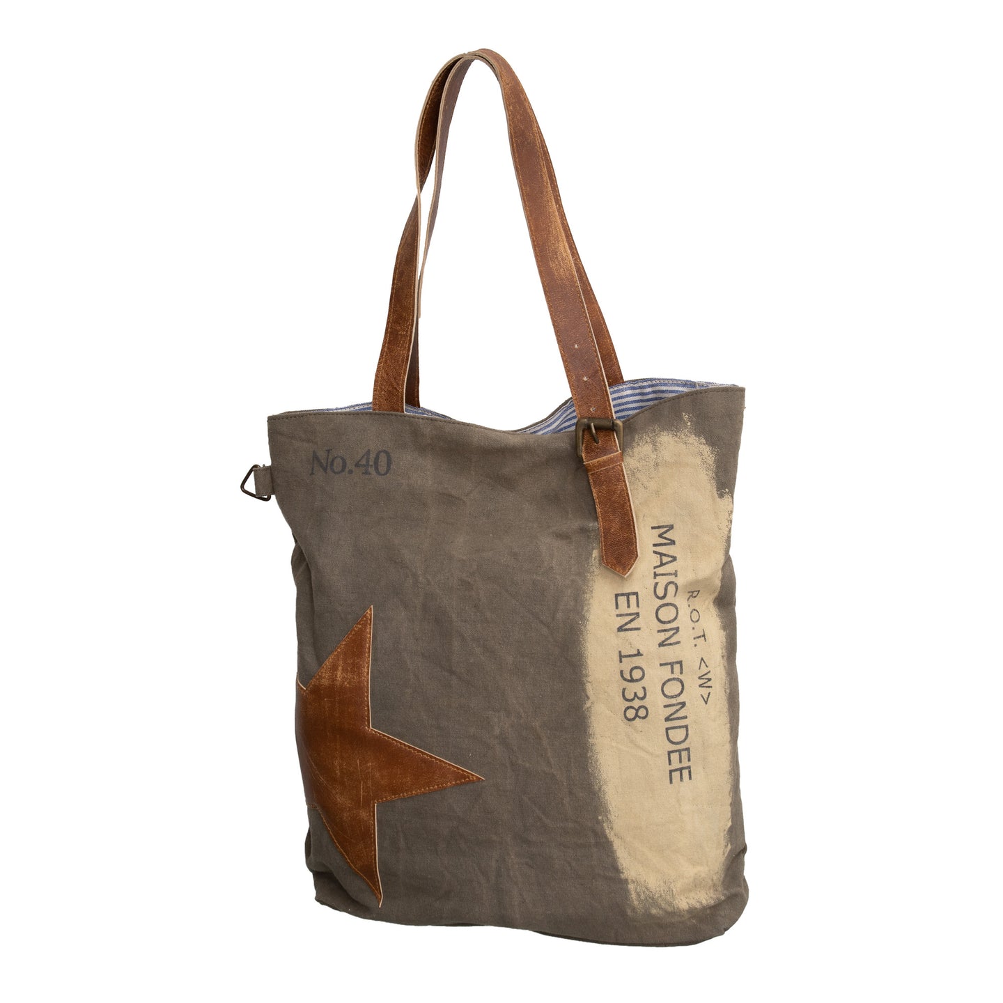 Vintage Grey French Shopper/Tote bag with leather star detail - Dorset Bay 001