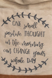 Vintage Beige Recycled Canvas & Tan Leather 'Positive Thought' Quote Shopper/Tote Dorset Bay 008