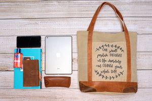 Vintage Beige Recycled Canvas & Tan Leather 'Positive Thought' Quote Shopper/Tote Dorset Bay 008